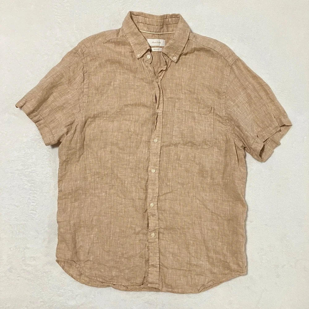 Porter & Ash 100% Linen Short Sleeve Button Down Shirt Men's Size L Tan Beige